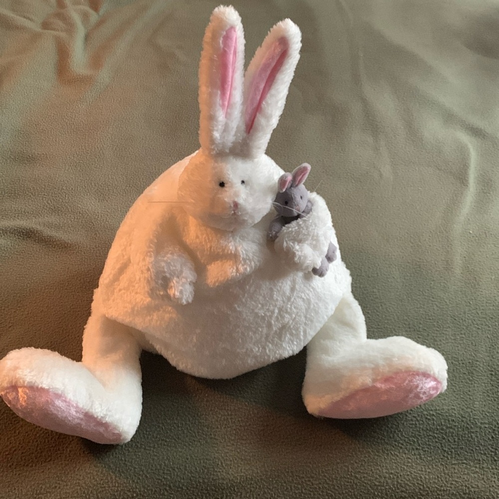Adorable Figi white stuffed bunny holding little gray bunny. Approx 9” x 16”